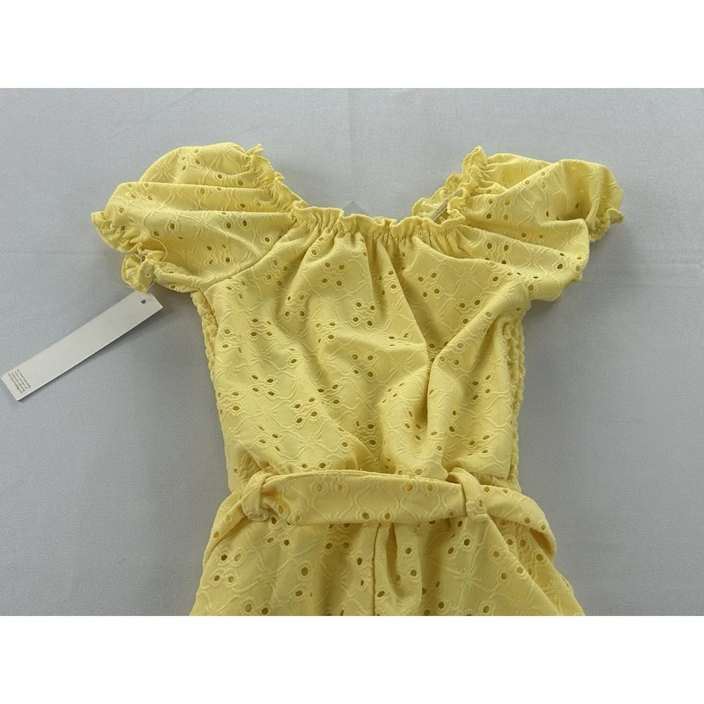 Tahari Girl Romper Size 6 Yellow Eyelet Smocked Puff Sleeve Belted Pockets New